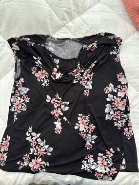 Lane Bryant Black Floral Draped Neck Blouse - Pink & White Flowers